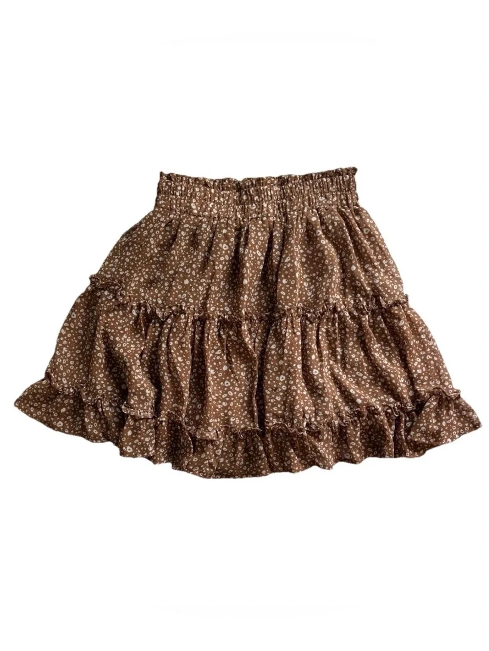 Newbury Kustom Boho Tiered Ruffle A-Line Short Skirt Brown & White Floral Small